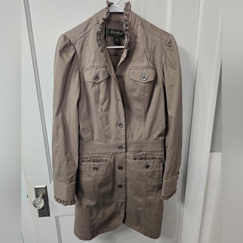 Eddie Bauer Taupe Long Trench Coat with Ruffle Collar